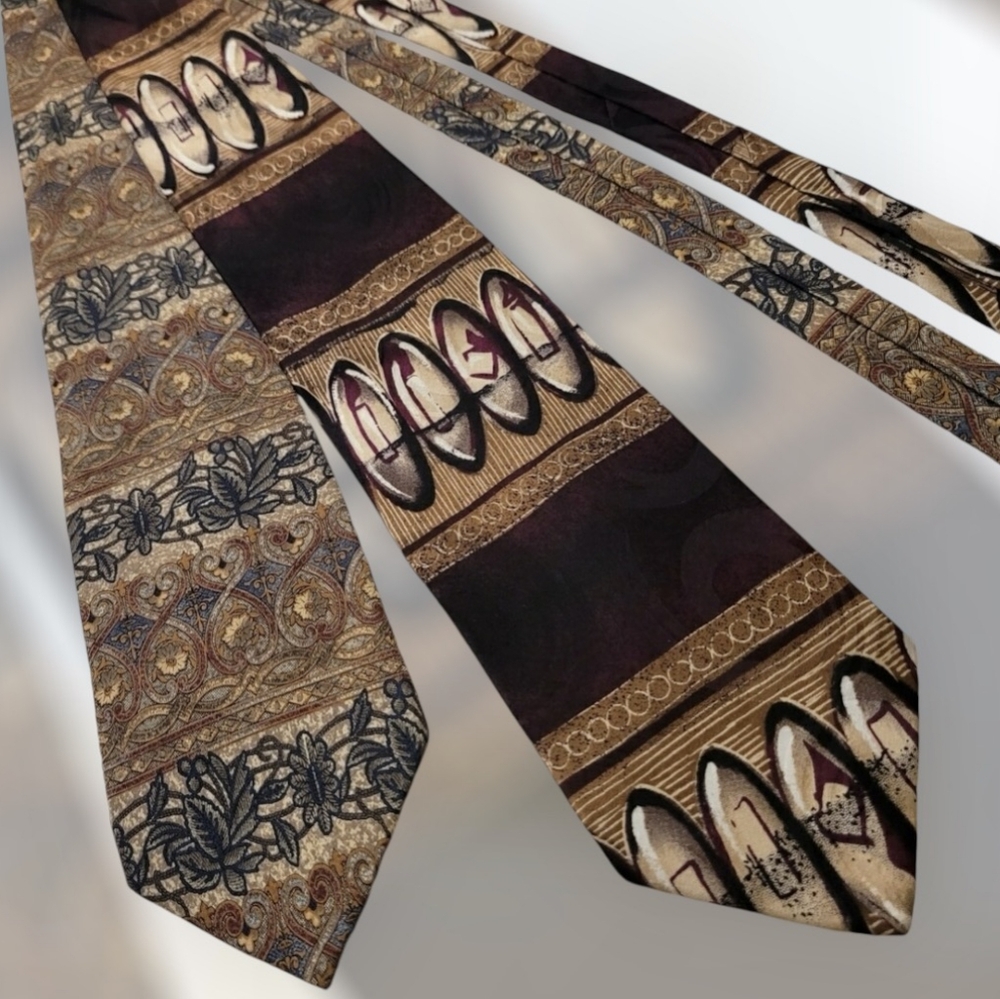 2 Tall Silk Ties Vintage Chez Roffe' Tie EUC Burgundy Tan Olive Green USA